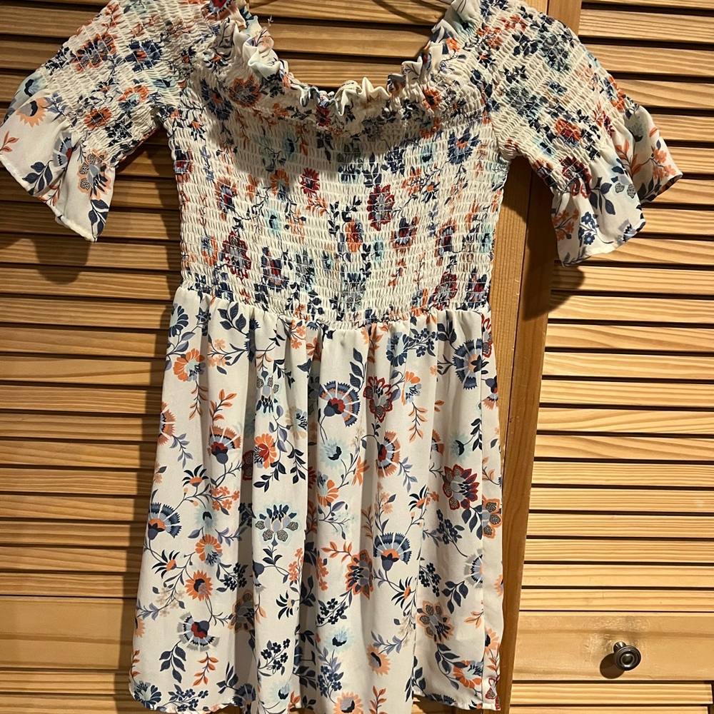 Love J Cream Smocked Puff Sleeve Mini Dress